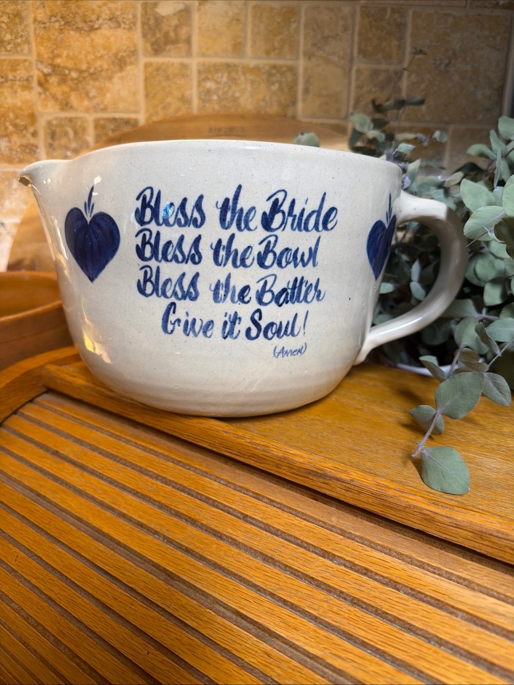 Large Marshall Pottery Bride's Batter Bowl Signed Cottage Core Blue Hearts